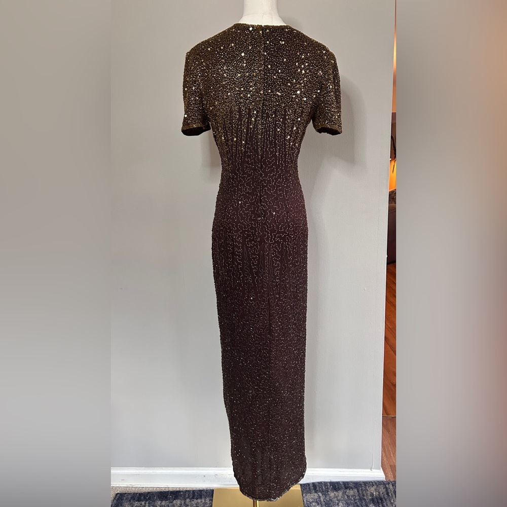 VINTAGE STENAY Silk Brown Bead Gown Art Deco Hollywood Glam Formal Maxi Dress 2 - Picture 12 of 13